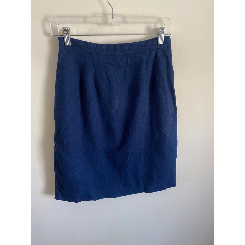 Vintage Navy Blue Linen Cotton Blend Pencil Skirt High Waist Made in USA Size 9